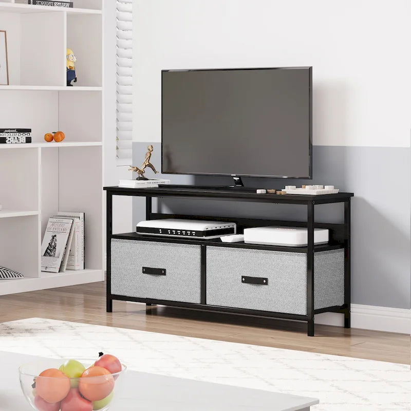 Meuble TV et commode avec 3 tiroirs en tissu et étagères ouvertes, 99 cm de large