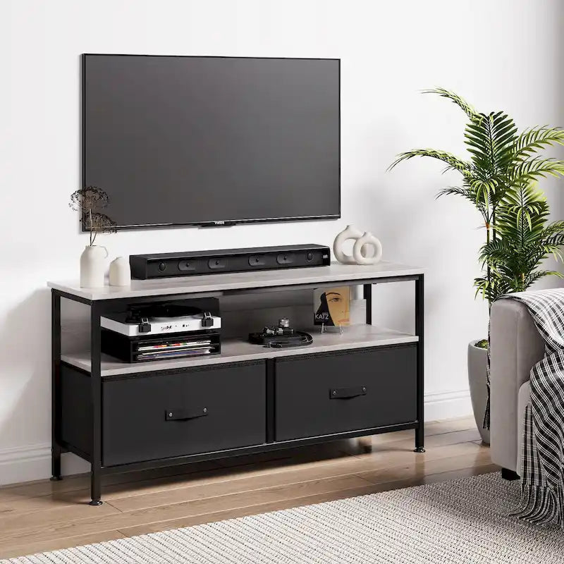 Meuble TV et commode avec 3 tiroirs en tissu et étagères ouvertes, 99 cm de large