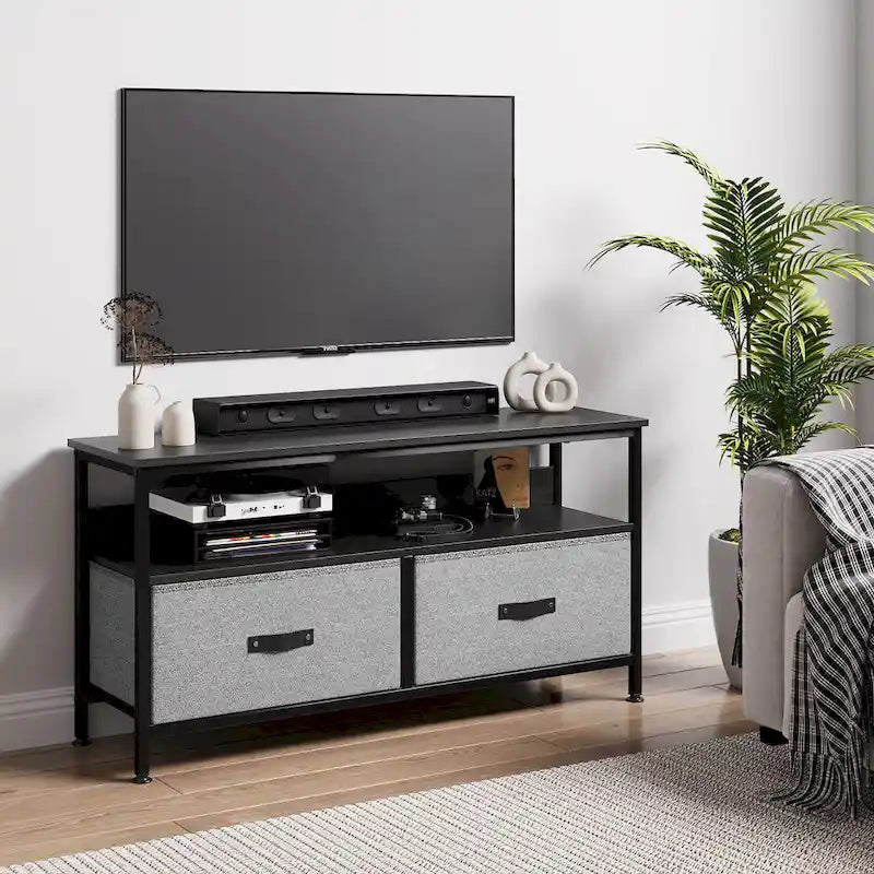 Meuble TV et commode avec 3 tiroirs en tissu et étagères ouvertes, 99 cm de large