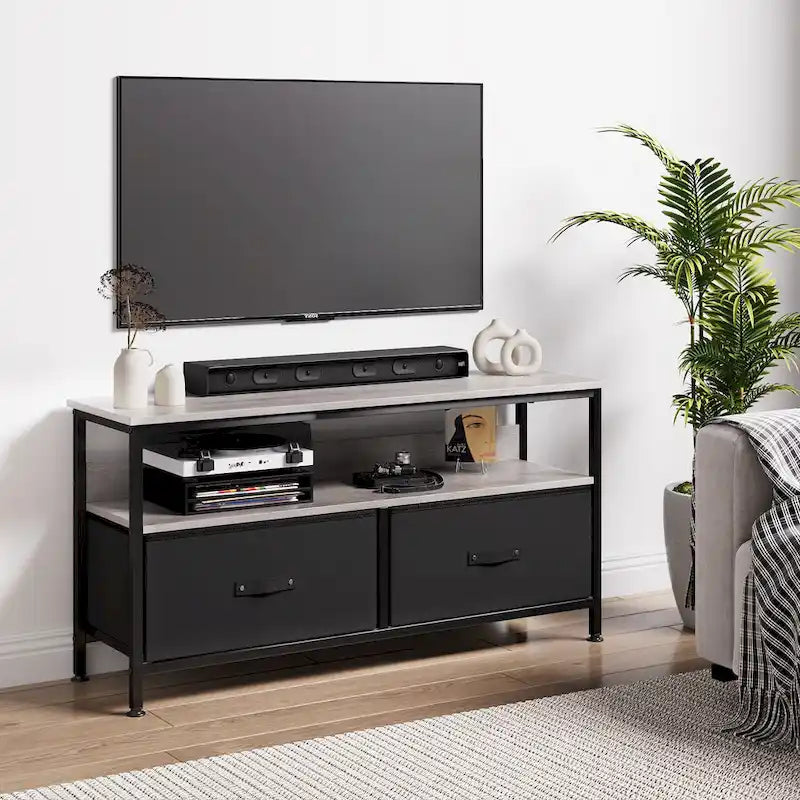 Meuble TV et commode avec 3 tiroirs en tissu et étagères ouvertes, 99 cm de large