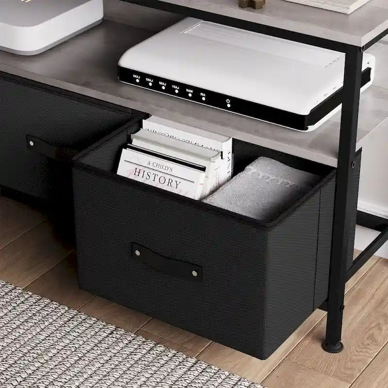 Meuble TV et commode avec 3 tiroirs en tissu et étagères ouvertes, 99 cm de large