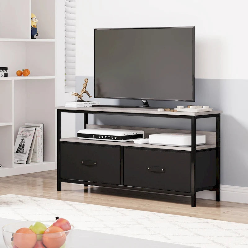 Meuble TV et commode avec 3 tiroirs en tissu et étagères ouvertes, 99 cm de large