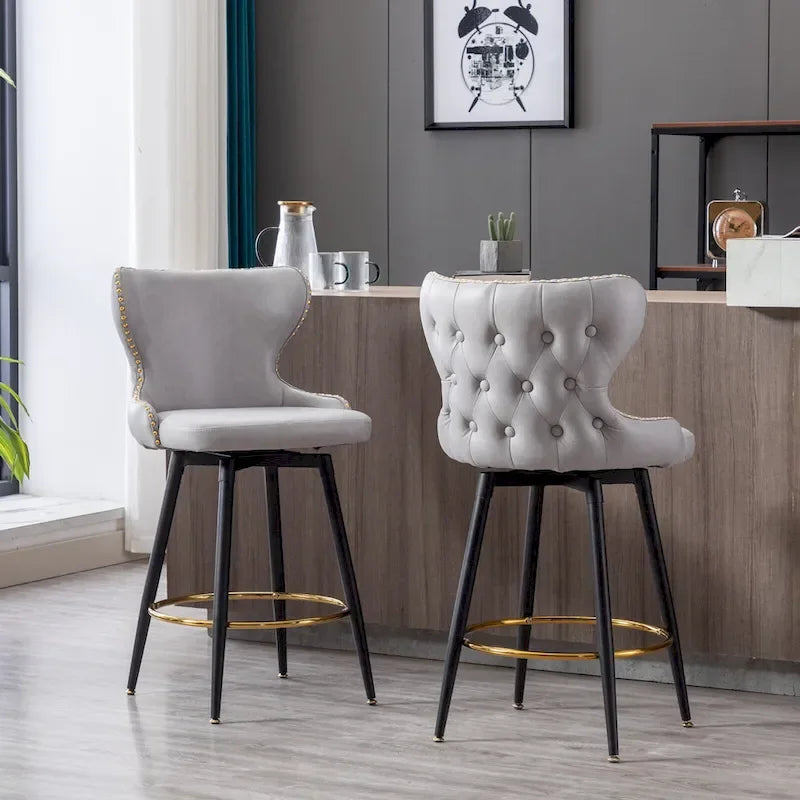 Tabourets de bar pivotants avec dossier capitonné et clous décoratifs dorés, lot de 2