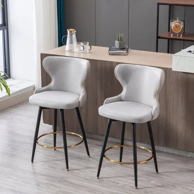 Tabourets de bar pivotants avec dossier capitonné et clous décoratifs dorés, lot de 2