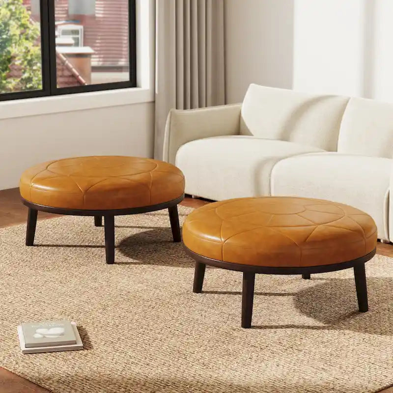 Ottoman en cuir italien pleine fleur, lot de 2