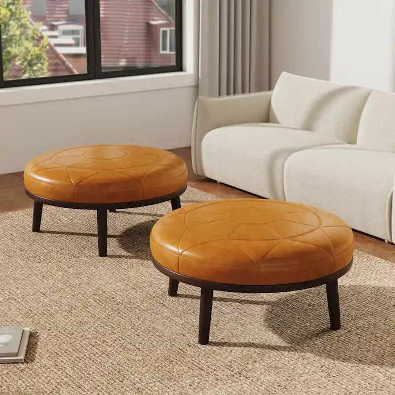 Ottoman en cuir italien pleine fleur, lot de 2