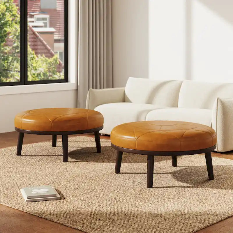 Ottoman en cuir italien pleine fleur, lot de 2