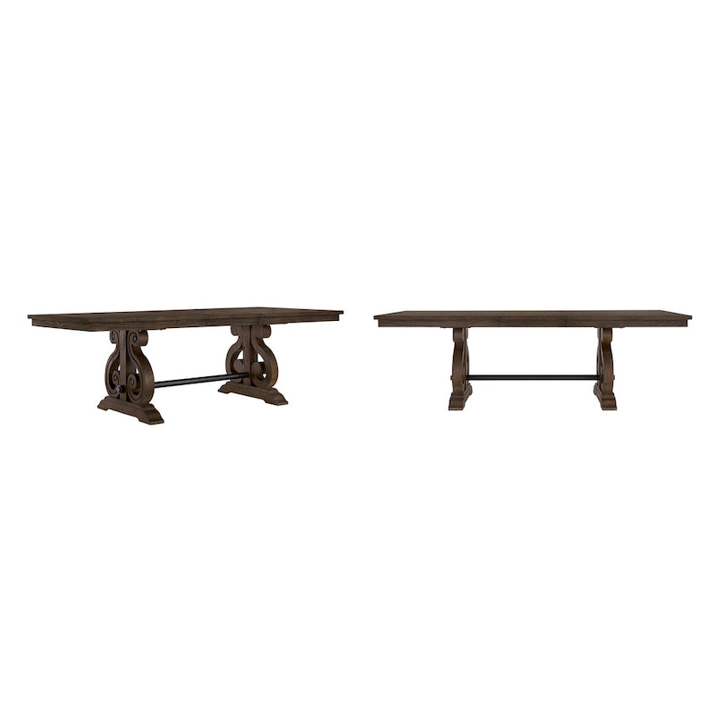 Table à manger extensible en bois avec piètement à tréteaux sculpté, en chêne gris brossé