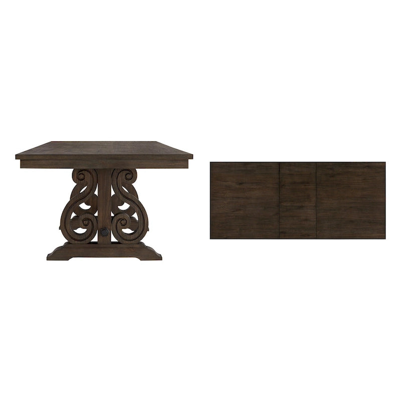 Table à manger extensible en bois avec piètement à tréteaux sculpté, en chêne gris brossé
