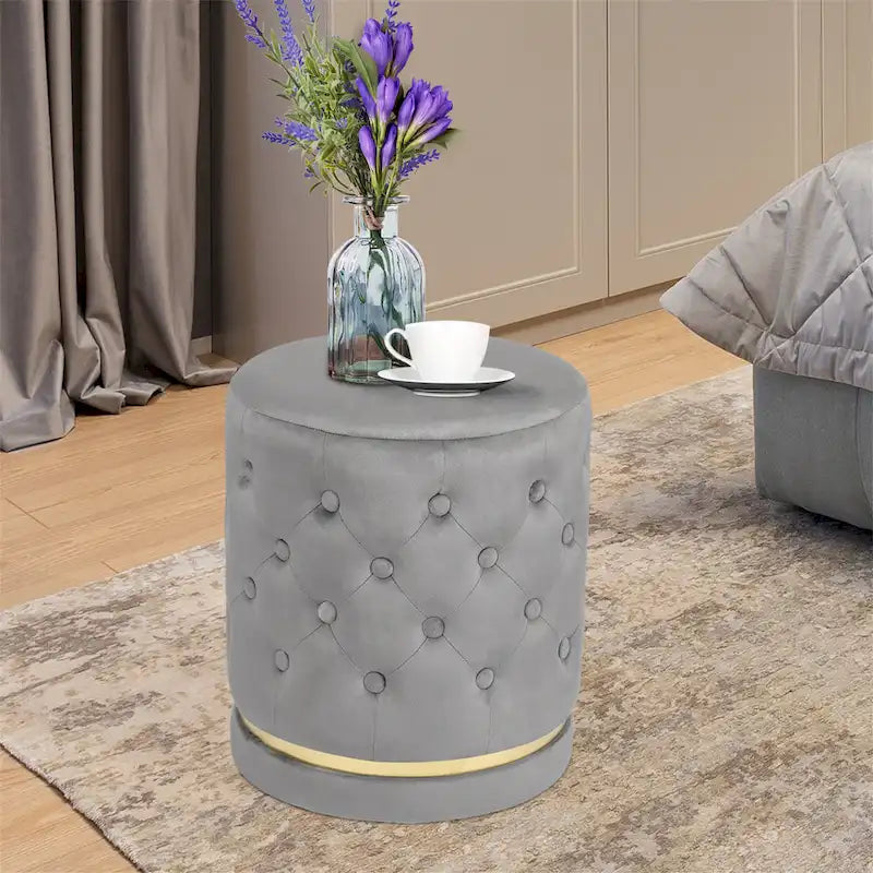 Pouf rond en velours capitonné, hauteur 46,5 cm