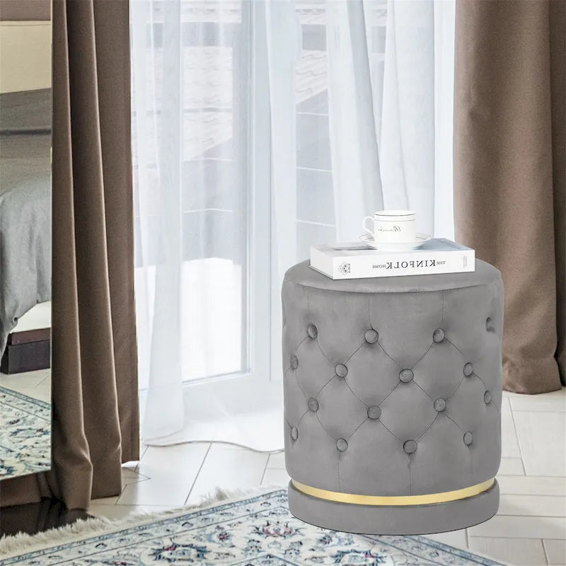 Pouf rond en velours capitonné, hauteur 46,5 cm