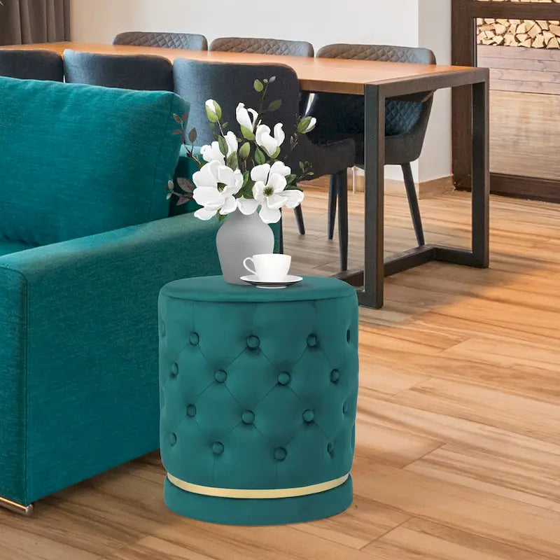 Pouf rond en velours capitonné, hauteur 46,5 cm