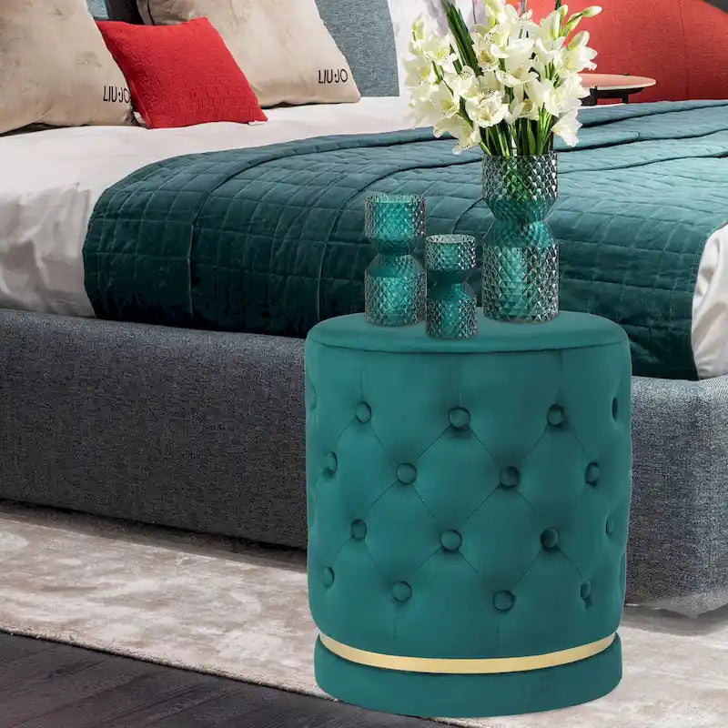 Pouf rond en velours capitonné, hauteur 46,5 cm