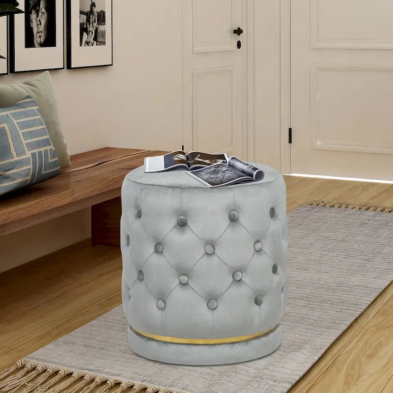 Pouf rond en velours capitonné, hauteur 46,5 cm