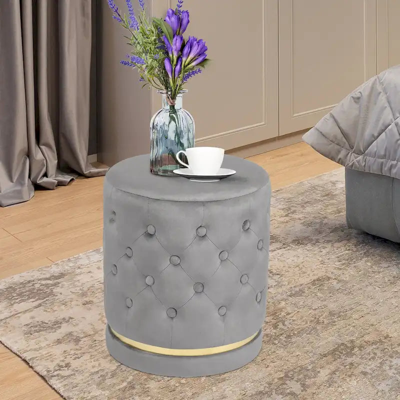 Pouf rond en velours capitonné, hauteur 46,5 cm