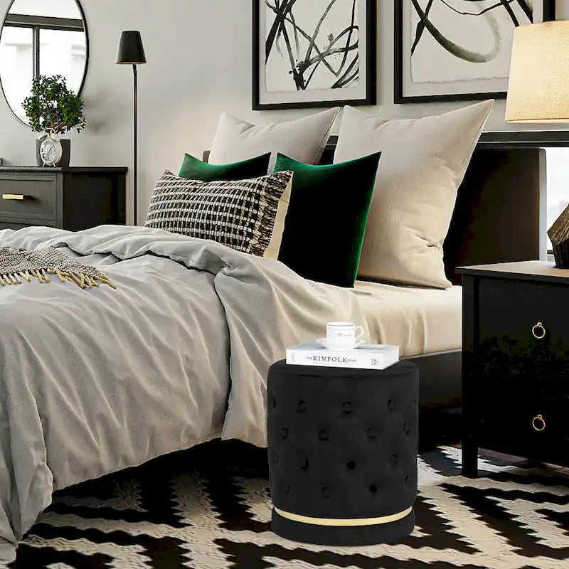 Pouf rond en velours capitonné, hauteur 46,5 cm