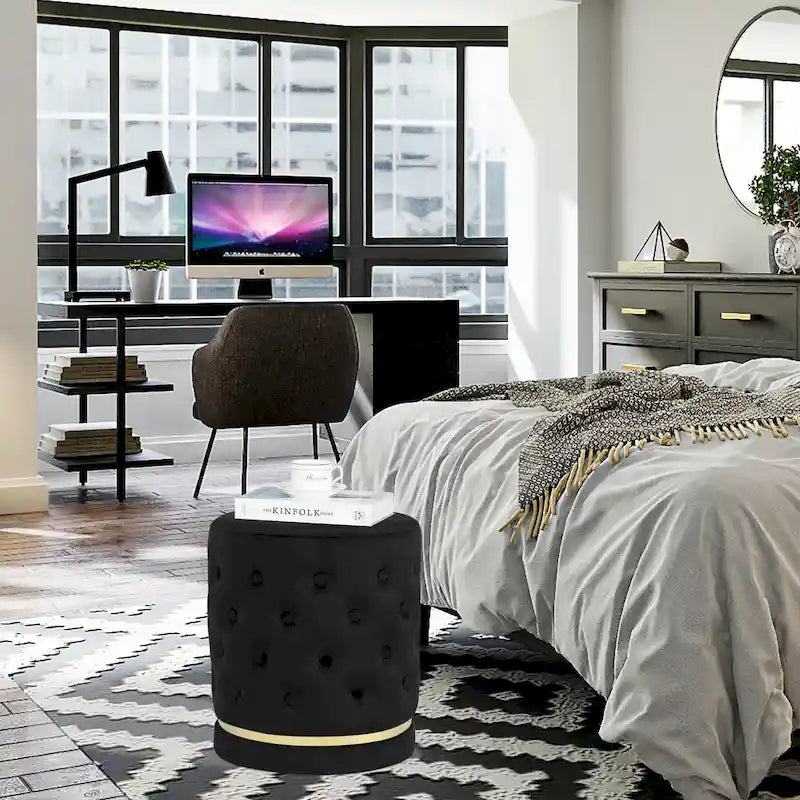 Pouf rond en velours capitonné, hauteur 46,5 cm