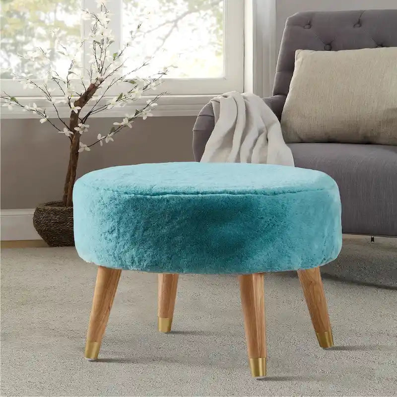 Ottoman ovale lourd en fausse fourrure avec pieds en bois