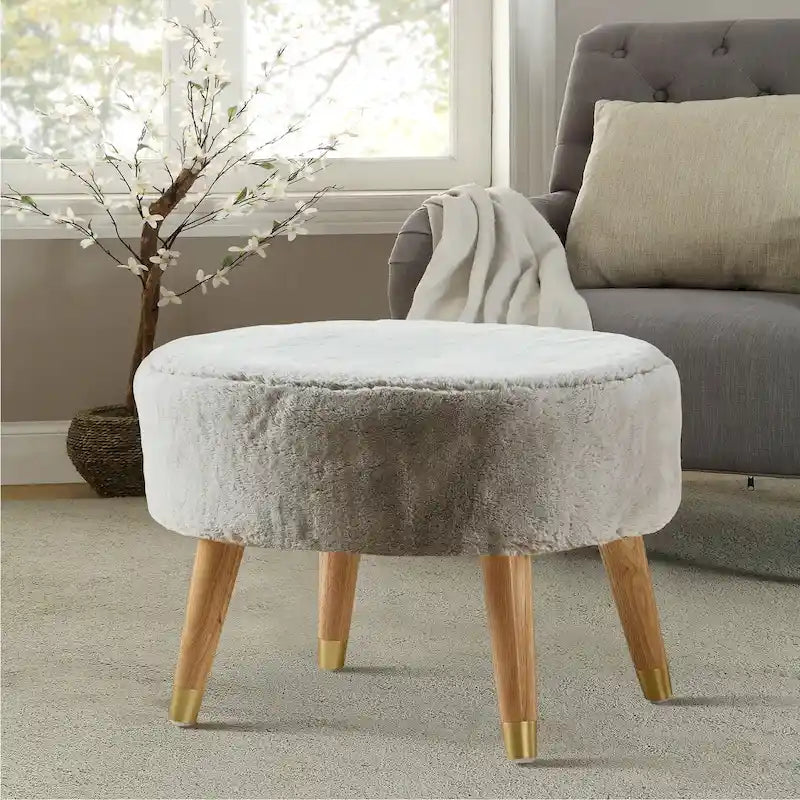 Ottoman ovale lourd en fausse fourrure avec pieds en bois