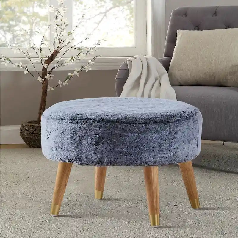 Ottoman ovale lourd en fausse fourrure avec pieds en bois
