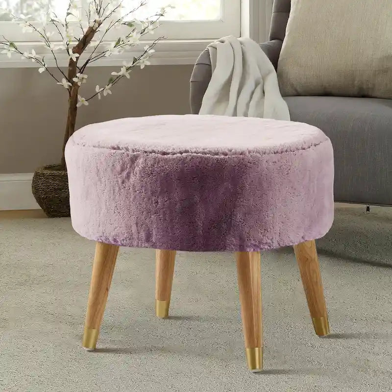 Ottoman ovale lourd en fausse fourrure avec pieds en bois