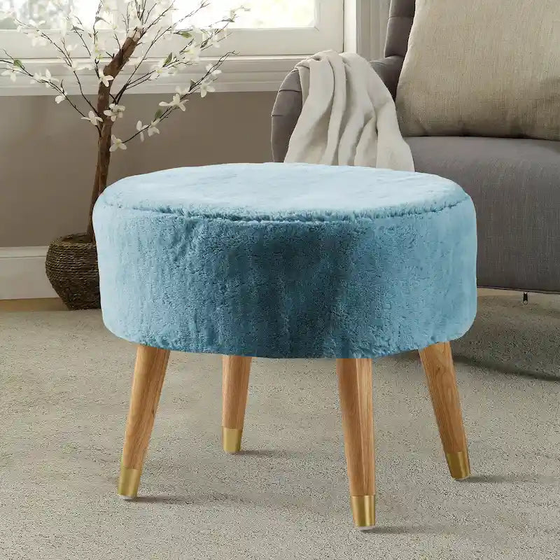 Ottoman ovale lourd en fausse fourrure avec pieds en bois