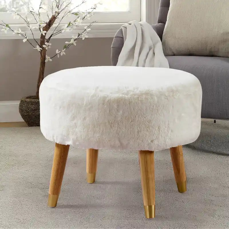 Ottoman ovale lourd en fausse fourrure avec pieds en bois