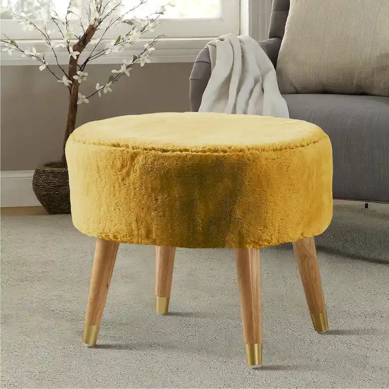 Ottoman ovale lourd en fausse fourrure avec pieds en bois