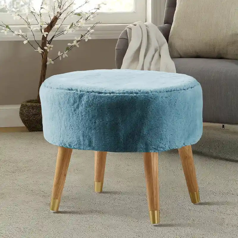 Ottoman ovale lourd en fausse fourrure avec pieds en bois