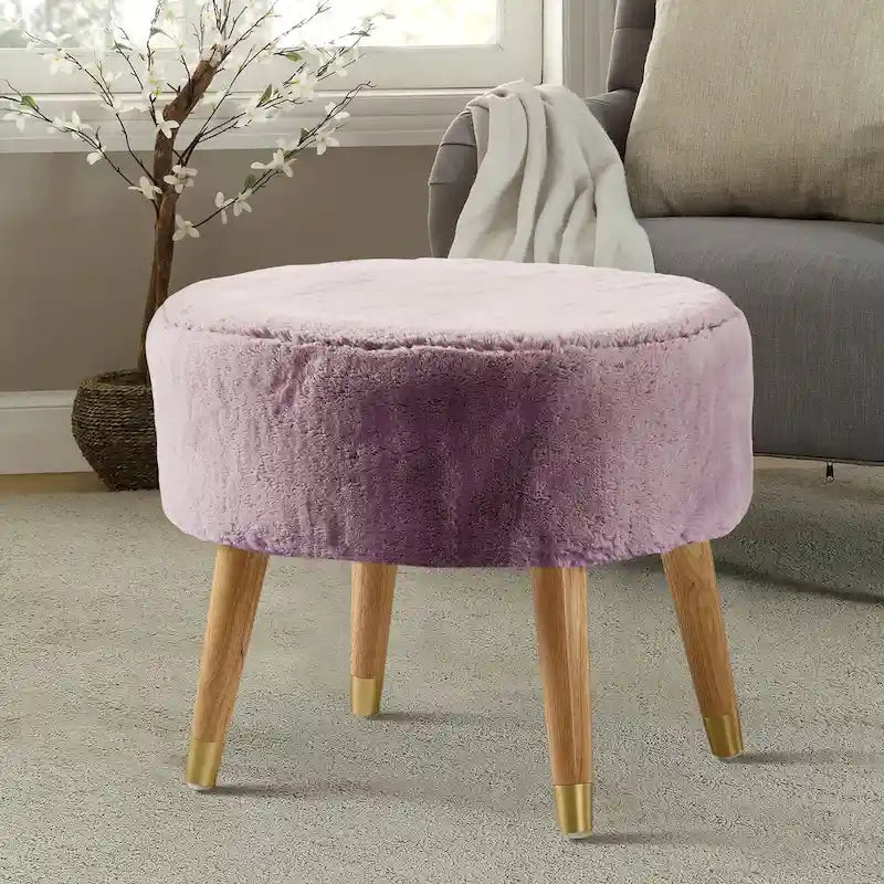 Ottoman ovale lourd en fausse fourrure avec pieds en bois