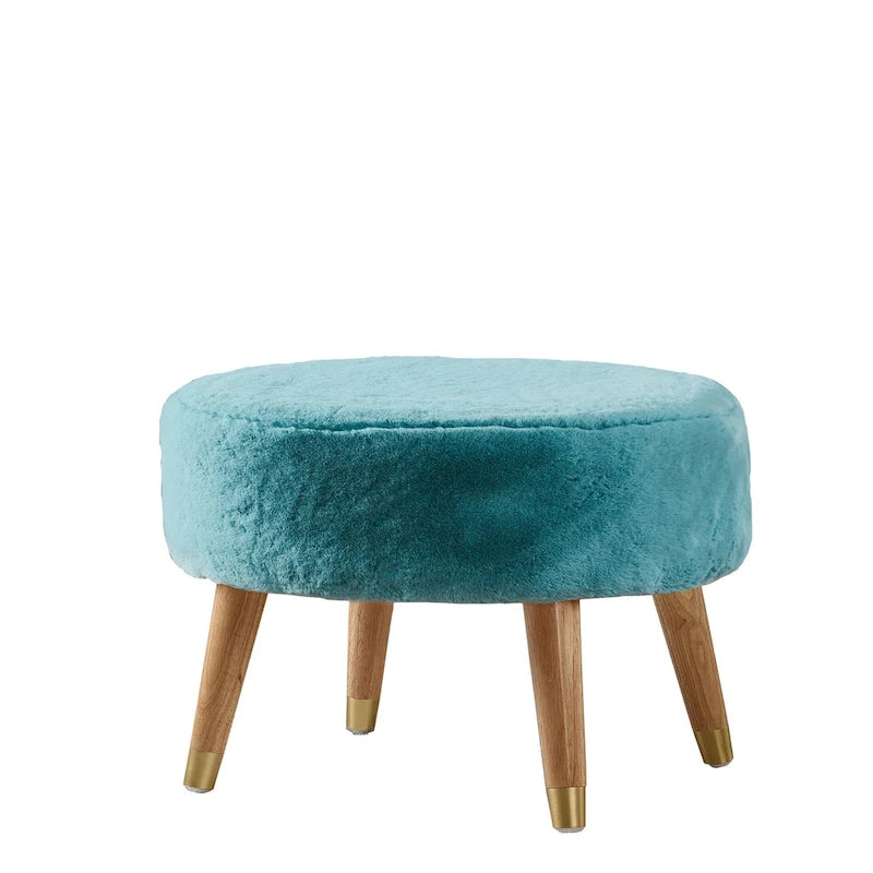 Ottoman ovale lourd en fausse fourrure avec pieds en bois