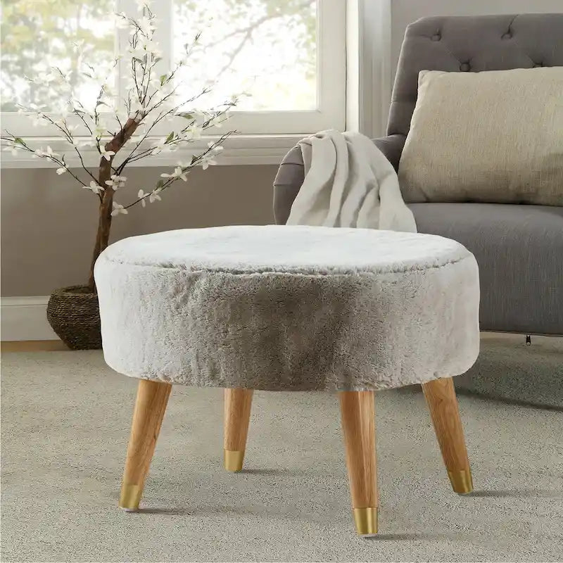 Ottoman ovale lourd en fausse fourrure avec pieds en bois