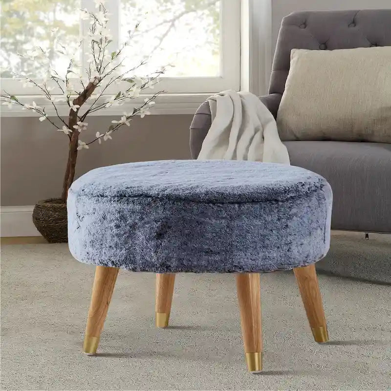 Ottoman ovale lourd en fausse fourrure avec pieds en bois