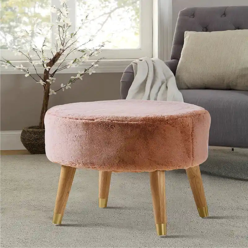 Ottoman ovale lourd en fausse fourrure avec pieds en bois