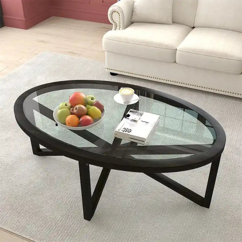 Table basse en verre trempé avec base trépied en bois de peuplier massif