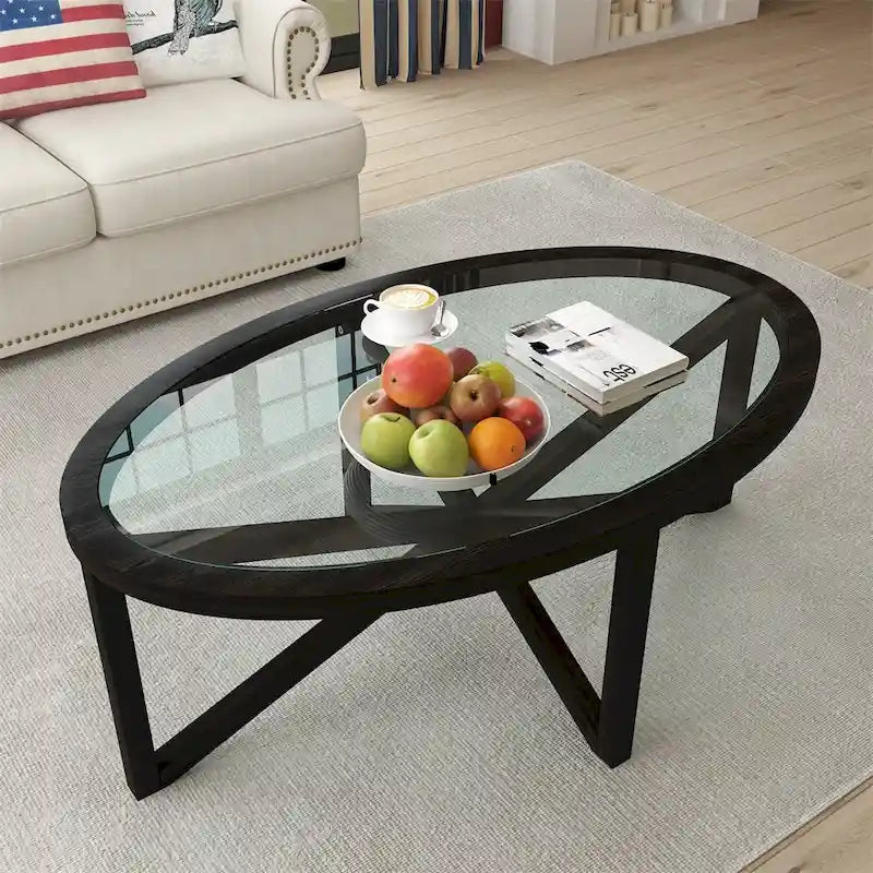 Table basse en verre trempé avec base trépied en bois de peuplier massif