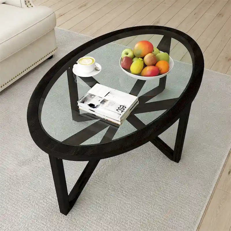 Table basse en verre trempé avec base trépied en bois de peuplier massif