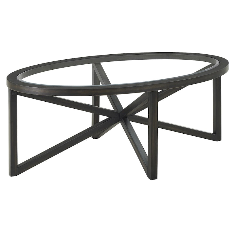 Table basse en verre trempé avec base trépied en bois de peuplier massif