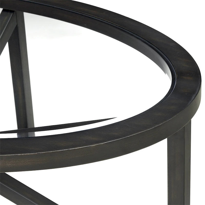 Table basse en verre trempé avec base trépied en bois de peuplier massif