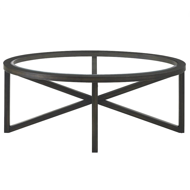 Table basse en verre trempé avec base trépied en bois de peuplier massif