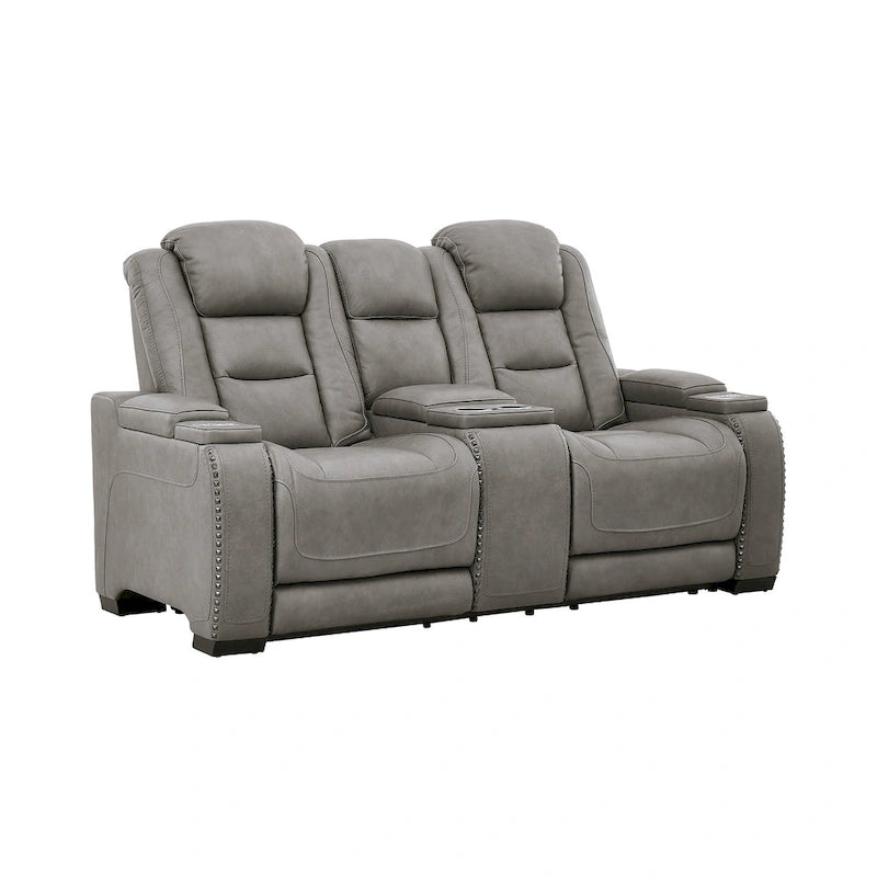 Causeuse inclinable double électrique en cuir gris avec console, ports USB et chargeur sans fil