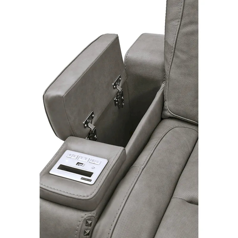 Causeuse inclinable double électrique en cuir gris avec console, ports USB et chargeur sans fil