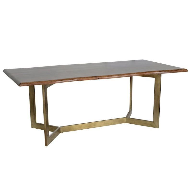 Table à manger en bois de manguier à bords bruts avec pieds en fer couleur bronze