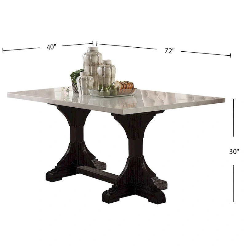 Table à manger rectangulaire en marbre, marbre blanc et expresso patiné