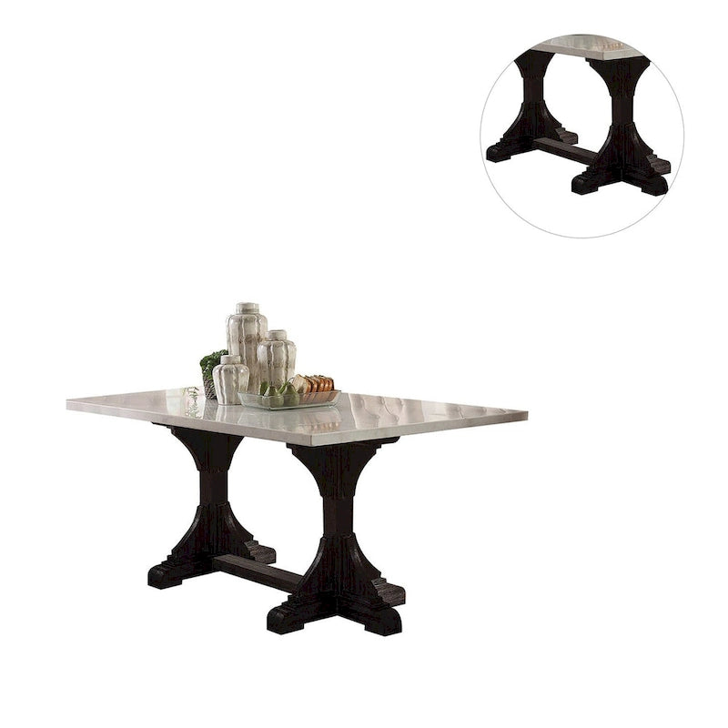 Table à manger rectangulaire en marbre, marbre blanc et expresso patiné