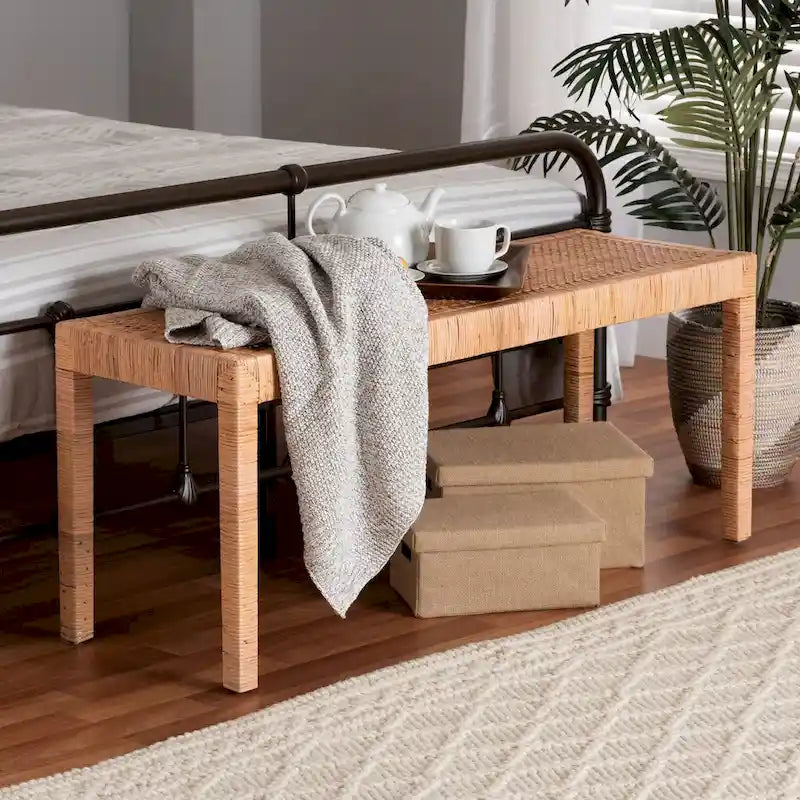 Banc d'appoint bohème en rotin naturel et bois d'acajou