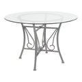 Table à manger ronde en verre de 45" avec pied piédestal en métal orné de volutes