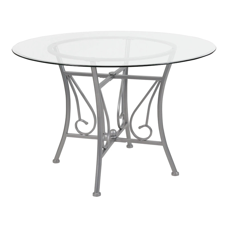 Table à manger ronde en verre de 45" avec pied piédestal en métal orné de volutes