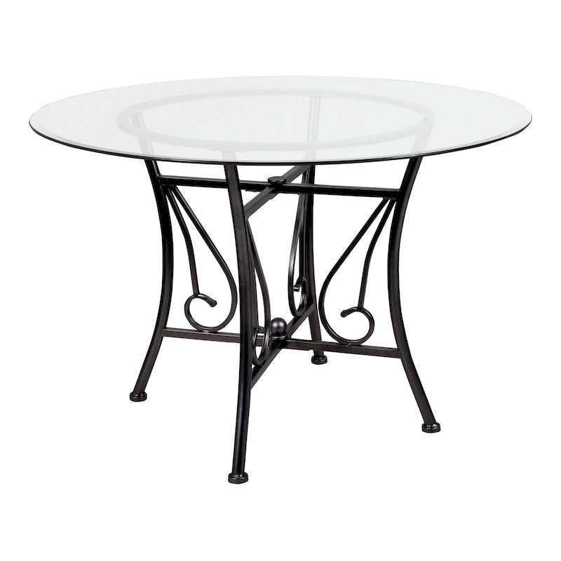 Table à manger ronde en verre de 45" avec pied piédestal en métal orné de volutes