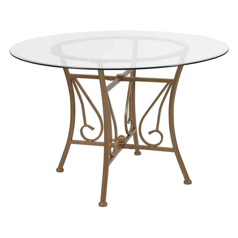 Table à manger ronde en verre de 45" avec pied piédestal en métal orné de volutes
